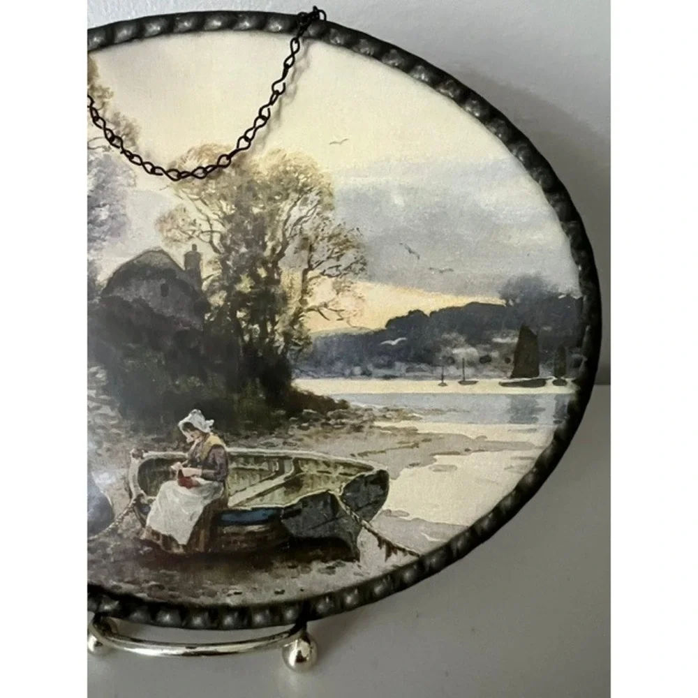 Vintage German Oval Wall Print‎ Scalloped Metal Frame Coastal Village Scene 8x6
